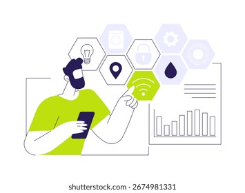 Ilustração de vetor de conceito abstrato de controle de equipamento. Homem segura telefone com aplicativo de verificação de aparelhos, tecnologia de TI, transferência de dados, big data, aprendizagem automática, reconhecimento de fala metáfora abstrata.