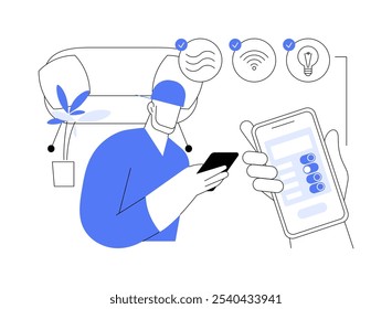 Appliance control isolated cartoon vector illustrations. Man holds phone with appliance checking app, IT technology, data transfer, big data, machine learning, speech recognition vector cartoon.