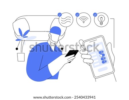 Appliance control isolated cartoon vector illustrations. Man holds phone with appliance checking app, IT technology, data transfer, big data, machine learning, speech recognition vector cartoon.
