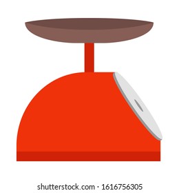 Appliance with electronic or analogue display, device for kitchen. Red weighing scale isolated on white background. Kitchenware for used to measure weight of product. Vector illustration in flat style