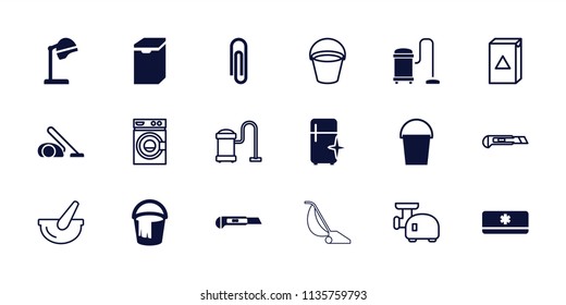 Appliance icon. collection of 18 appliance filled and outline icons such as salon hair dryer, bucket, clean fridge, paper clip. editable appliance icons for web and mobile.
