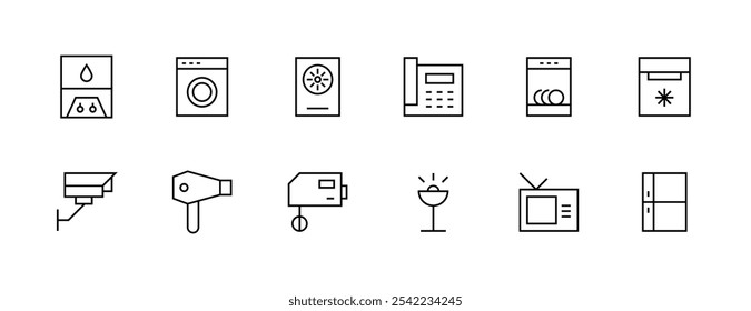 Coleção de ícones do equipamento. Conjunto de ícones da família. Telefone, misturador, secador de cabelo, câmera de segurança, geladeira, lavadora, ar condicionado e muito mais. Traçado editável. Pixel perfeito. Grade de 32px.