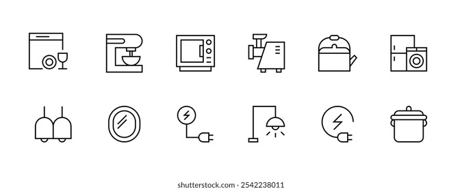 Coleção de ícones do equipamento. Conjunto de ícones da família. Lava-louças, espelho, utensílios de cozinha, forno de micro-ondas, frigorífico e muito mais. Traçado editável. Pixel perfeito. Grade de 32px.