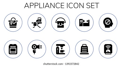 appliance icon set. 10 filled appliance icons.  Simple modern icons about  - Bucket, Stove, Ironing board, Hair dryer, Coffee machine, Machine, Grater, Balance, Heater