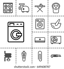 Appliance icon. set of 13 outline appliance icons such as washing machine, electric razor, ironing table, cooker, cutter, remote control, bucket, meat grinder, heating system