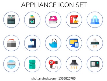 appliance icon set. 15 flat appliance icons.  Simple modern icons about  - oven, fridge, washing machine, coffee machine, iron, kettle, devices, paper clip, extractor hood, air conditioner