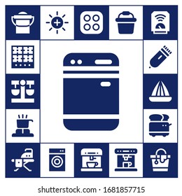 appliance icon set. 17 filled appliance icons. Included Bucket, Burner, Balance, Dishwasher, Cooker, Electric razor, Juicer, Toaster, Ironing board, Washing machine, Stove icons