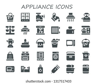 appliance icon set. 30 filled appliance icons.  Simple modern icons about  - Bucket, Burner, Meat grinder, Hood, Kettle, Balance, Extractor hood, Coffee machine, Heater, Toaster