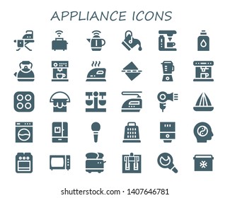 appliance icon set. 30 filled appliance icons.  Simple modern icons about  - Ironing board, Toaster, Kettle, Bucket, Coffee machine, Conditioner, Iron, Straighten, Blender, Stove
