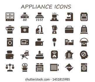 appliance icon set. 30 filled appliance icons.  Simple modern icons about  - Burner, Extractor hood, Hood, Cooker, Coffee machine, Stove, Bucket, Fridge, Vacuum, Blender, Grater