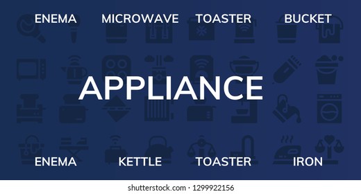  appliance icon set. 32 filled appliance icons. on blue background style Simple modern icons about  - Enema, Microwave, Toaster, Bucket, Kettle, Iron, Dishwasher, Stove, Straighten