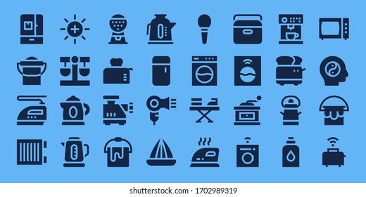 appliance icon set. 32 filled appliance icons. on blue background style Simple modern icons such as: Fridge, Bucket, Iron, Heater, Balance, Kettle, Machine, Toaster, Meat grinder