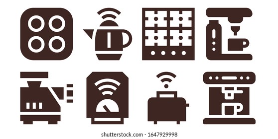 appliance icon set. 8 filled appliance icons.  Simple modern icons such as: Meat grinder, Stove, Heater, Kettle, Toaster, Burner, Coffee machine