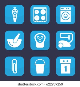 Appliance icon. set of 9 filled appliance icons such as electric razor, vacuum cleaner, washing machine, cooker, bucket, remote control, paper clip