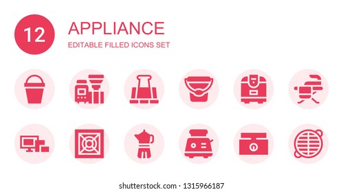 appliance icon set. Collection of 12 filled appliance icons included Bucket, Machine, Paper clip, Rice cooker, Devices, Cooler, Coffee maker, Toaster, Weighing scale, Iron, Grate