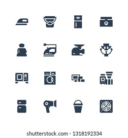 appliance icon set. Collection of 16 filled appliance icons included Extractor, Bucket, Hair dryer, Fridge, Machine, Devices, Washing machine, Microwave, Meat grinder, Iron, Toaster