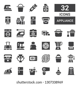 appliance icon set. Collection of 32 filled appliance icons included Grater, Enema, Hair dryer, Bucket, Fridge, Iron, Coffee maker, Grate, Microwave, Machine, Water machine, Blender