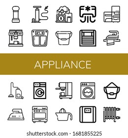 appliance icon set. Collection of Grinder, Coffee maker, Air pump, Bathroom scale, Devices, Bucket, Air conditioner, Heater, Refrigerator, Iron, Vacuum cleaner, Washing machine icons