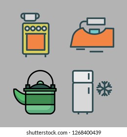 appliance icon set. vector set about kettle, iron, stove and fridge icons set.