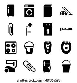 Appliance icons. set of 16 editable filled appliance icons such as washing machine, electric razor, vacuum cleaner, cooker, clean fridge, washing machine on sale, paper clip