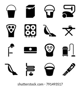 Appliance icons. set of 16 editable filled appliance icons such as bucket, electric razor, vacuum cleaner, ironing table, heating system, air conditioner, salon hair dryer