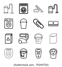 Appliance icons. set of 16 editable outline appliance icons such as electric razor, vacuum cleaner, bucket, washing machine, air conditioner