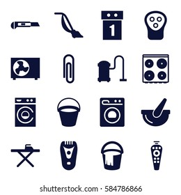 appliance icons set. Set of 16 appliance filled icons such as bucket, electric razor, ironing table, washing machine, cooker, vacuum cleaner, cutter, remote control