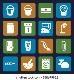 appliance icons set. Set of 16 appliance filled icons such as bucket, salon hair dryer, electric razor, vacuum cleaner, washing machine, clean fridge, cutter, meat grinder