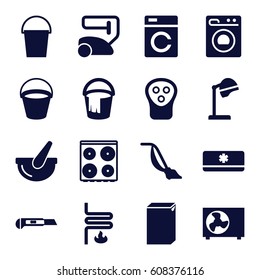 Appliance icons set. set of 16 appliance filled icons such as bucket, washing machine, salon hair dryer, electric razor, vacuum cleaner, cooker, cutter, heating system