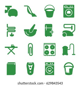 Appliance icons set. set of 16 appliance filled icons such as bucket, electric razor, vacuum cleaner, ironing table, washing machine, cooker, clean fridge, meat grinder