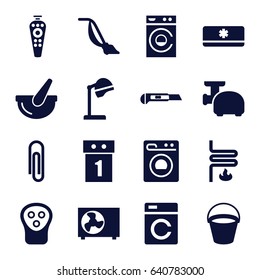 Appliance icons set. set of 16 appliance filled icons such as bucket, washing machine, salon hair dryer, electric razor, vacuum cleaner, cutter, remote control, meat grinder