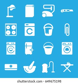Appliance icons set. set of 16 appliance filled icons such as bucket, washing machine, salon hair dryer, vacuum cleaner, ironing table, cooker, clean fridge, cutter