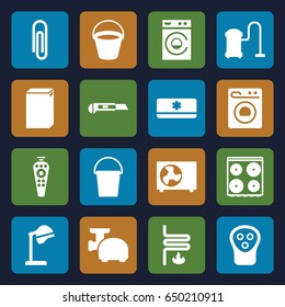 Appliance icons set. set of 16 appliance filled icons such as bucket, salon hair dryer, electric razor, washing machine, cooker, vacuum cleaner, cutter, remote control