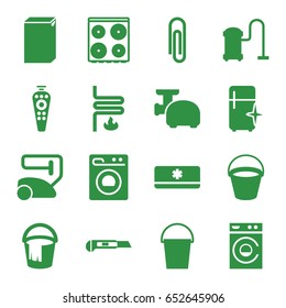 Appliance icons set. set of 16 appliance filled icons such as bucket, vacuum cleaner, washing machine, cooker, clean fridge, cutter, remote control, meat grinder