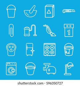appliance icons set. Set of 16 appliance outline icons such as washing machine, bucket, salon hair dryer, electric razor, cooker, vacuum cleaner, clean fridge, cutter