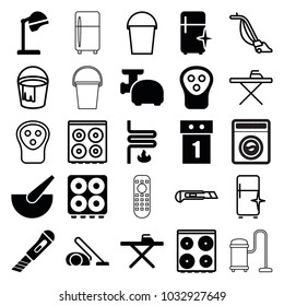 Appliance icons. set of 25 editable filled and outline appliance icons such as salon hair dryer, electric razor, ironing table, cooker, clean fridge, washing machine on sale