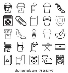 Appliance icons. set of 25 editable outline appliance icons such as bucket, salon hair dryer, ironing table, washing machine, vacuum cleaner, clean fridge, remote control