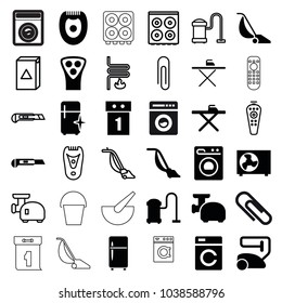 Appliance icons. set of 36 editable filled and outline appliance icons such as washing machine, vacuum cleaner, ironing table, clean fridge, washing machine on sale, cutter