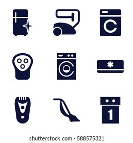 appliance icons set. Set of 9 appliance filled icons such as washing machine, electric razor, vacuum cleaner, clean fridge, air conditioner