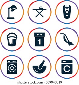 appliance icons set. Set of 9 appliance filled icons such as washing machine, salon hair dryer, electric razor, bucket, ironing table, vacuum cleaner