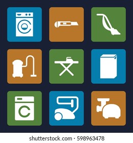 appliance icons set. Set of 9 appliance filled icons such as washing machine, vacuum cleaner, ironing table, cutter