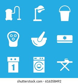 Appliance icons set. set of 9 appliance filled icons such as salon hair dryer, electric razor, ironing table, washing machine, vacuum cleaner, bucket, air conditioner