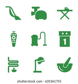 Appliance icons set. set of 9 appliance filled icons such as salon hair dryer, ironing table, vacuum cleaner, remote control, bucket, meat grinder, heating system