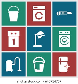 Appliance icons set. set of 9 appliance filled icons such as washing machine, salon hair dryer, bucket, vacuum cleaner, clean fridge, cutter