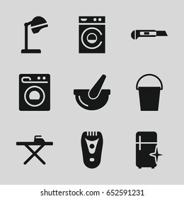 Appliance icons set. set of 9 appliance filled icons such as salon hair dryer, electric razor, ironing table, washing machine, clean fridge, cutter