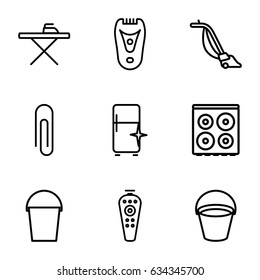 Appliance icons set. set of 9 appliance outline icons such as bucket, electric razor, ironing table, cooker, vacuum cleaner, clean fridge, remote control