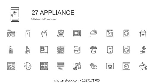 appliance icons set. Collection of appliance with chimney, iron, heater, air conditioner, stove, washing machine, paper clip, bucket, coffee maker. Editable and scalable appliance icons.