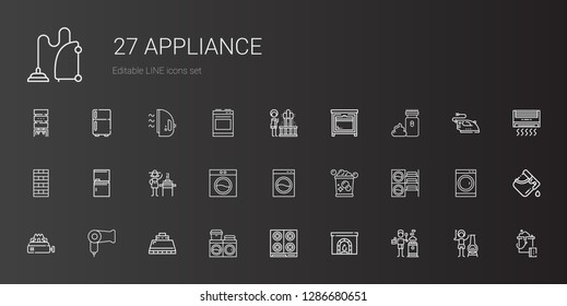 appliance icons set. Collection of appliance with stove, chimney, washing machine, hood, hairdryer, bucket, burner, fridge, electric razor. Editable and scalable appliance icons.