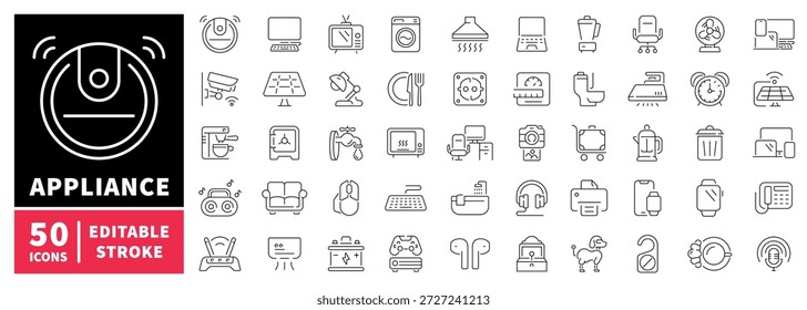 Appliance icons set. editable line icons, outline, home electronics, smart devices