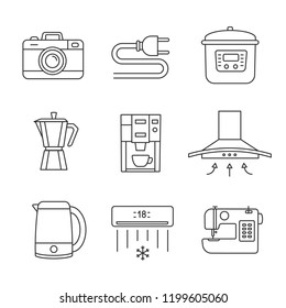 Appliance linear icons set. Photo camera, wire plug, multi cooker, coffee maker, range hood, kettle, coffee machine, air conditioner, sewing machine. Isolated vector illustrations. Editable stroke